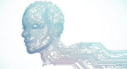 Abstract futuristic human head profile made of glowing circuit board lines on a bright background