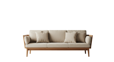Beige sofa with wooden frame and cushions on a black background in a studio setting for furniture