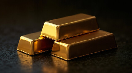 High quality photography of shining gold bars stacked on luxurious black background