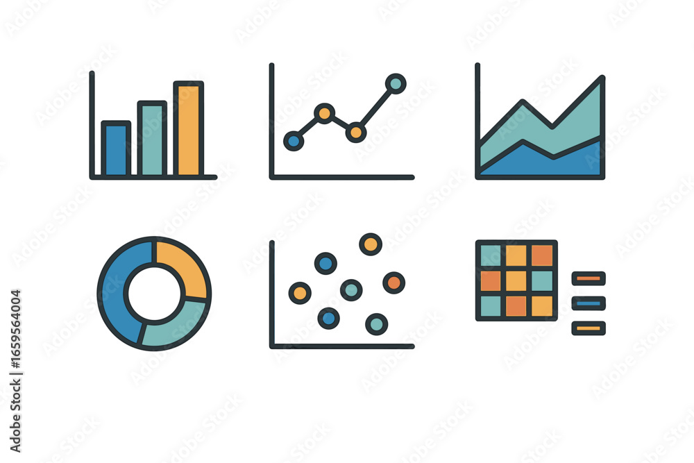 Poster vector illustration of various chart types for data visualization