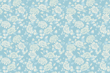 Elegant seamless vector floral pattern with cream chrysanthemum flowers and leaves on a soft blue background. Designs for fabric, wallpaper, wrapping paper, and decor
