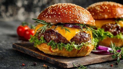 Delicious cheeseburger ready to eat with fresh toppings and sesame seed bun for restaurant menus