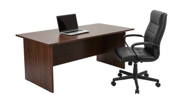 A desk with a laptop and a black office chair in a dark isolated studio setting for office work