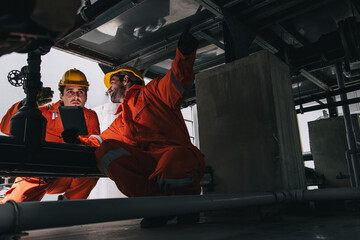 Two professional engineer male teamwork service maintenance, Worker industry water pipe tube system