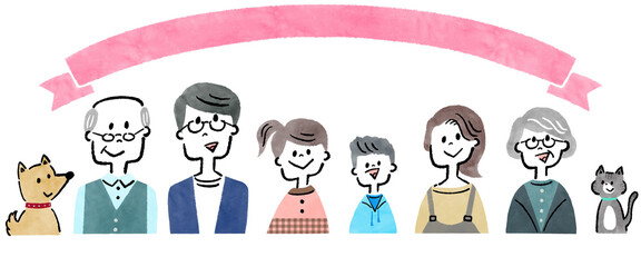 三世代のあたたかい家族のアイコンセットとリボンのタイトルフレーム