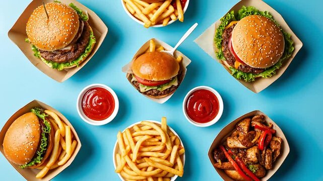 A variety of fast food items including burgers, fries, and dipping sauces arranged on a blue background. The scene showcases popular comfort food.