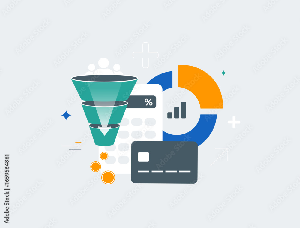 Poster financial analysis with funnel process, charts and calculator in digital environment. data-driven de