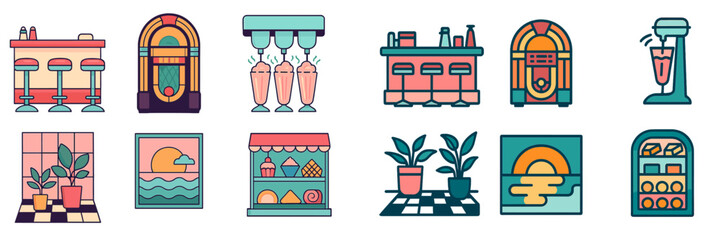 Nostalgic diner elements illustrated in a vibrant vector style