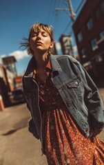 Young woman in a denim jacket and floral dress poses confidently on a sunlit urban street, windblown hair and cinematic mood.