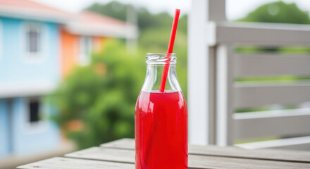 Refreshing red drink in a glass bottle with a red straw outdoors on a wooden table