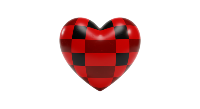 A checkered heart with red and black squares floating in a black space in a digital rendering
