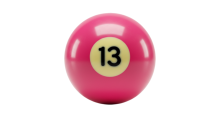 Close up of a pink billiard ball with a yellow circle and the number thirteen on a black background