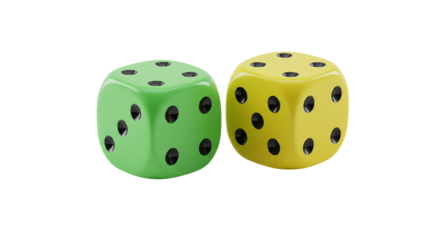 A close up of two dice one green and one yellow with black spots on a black background studio shot