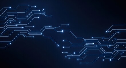Futuristic blue circuit board pattern with glowing lights and data flow for technology background