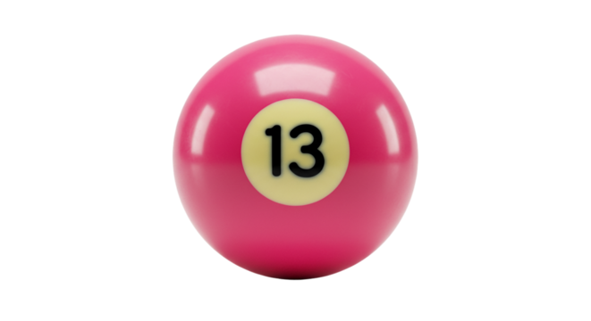 Close up of a pink billiard ball with a yellow circle and the number thirteen on a black background