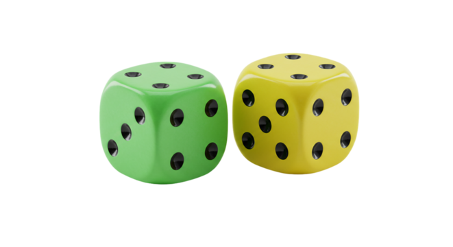 A close up of two dice one green and one yellow with black spots on a black background studio shot