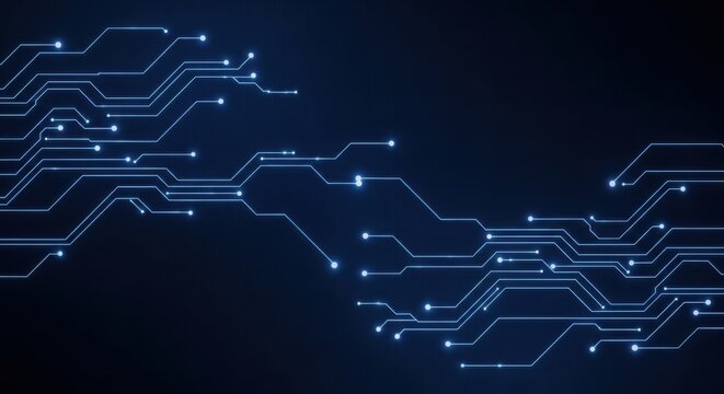 Futuristic blue circuit board pattern with glowing lights and data flow for technology background