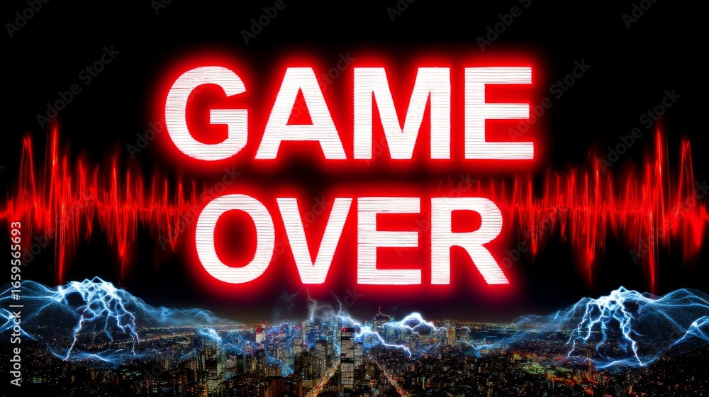 Poster black screen featuring vibrant neon red text displaying game over with pulse wave background