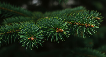 Fototapeta premium Close-up of green evergreen tree needles and branches in a forest during winter season
