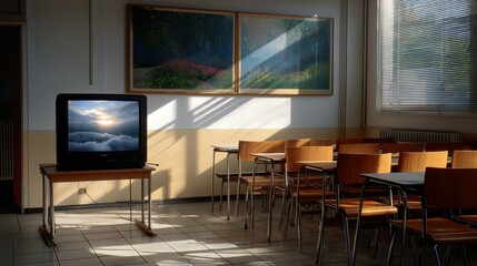 Classroom Bathed in Morning Sunlight Featuring Vintage Television and Wooden Furniture