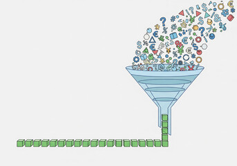 Funnel processing chaotic data symbols into an orderly line of blocks.

