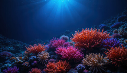 Naklejka premium Vibrant Underwater Coral Reef Ecosystem Bursting with Life and Color