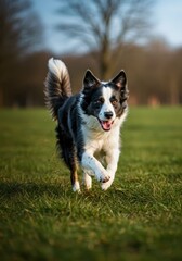 Fototapeta premium A border collie dog running on green grass with motion blur. Happy energetic domestic animal outdoor. Active pet portrait.