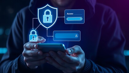 Person in Hood Holding Smartphone with Digital Security Icons and User Login Interface cybersecurity