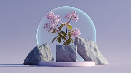 Delicate pink blossoms flourish within a serene archway of textured rocks and soft light