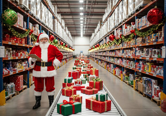 Santa Claus stands confidently with a clipboard in the middle of a vast, modern warehouse, reimagined as his high-tech Christmas workshop.