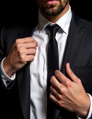 In dramatic low light, a suited man adjusts his lapels and tie, ready to step into the spotlight.