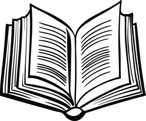 Black and white hand-drawn open book vector, bold smooth ink line art, minimal doodle style, abstract learning silhouette, professional high-quality vector illustration