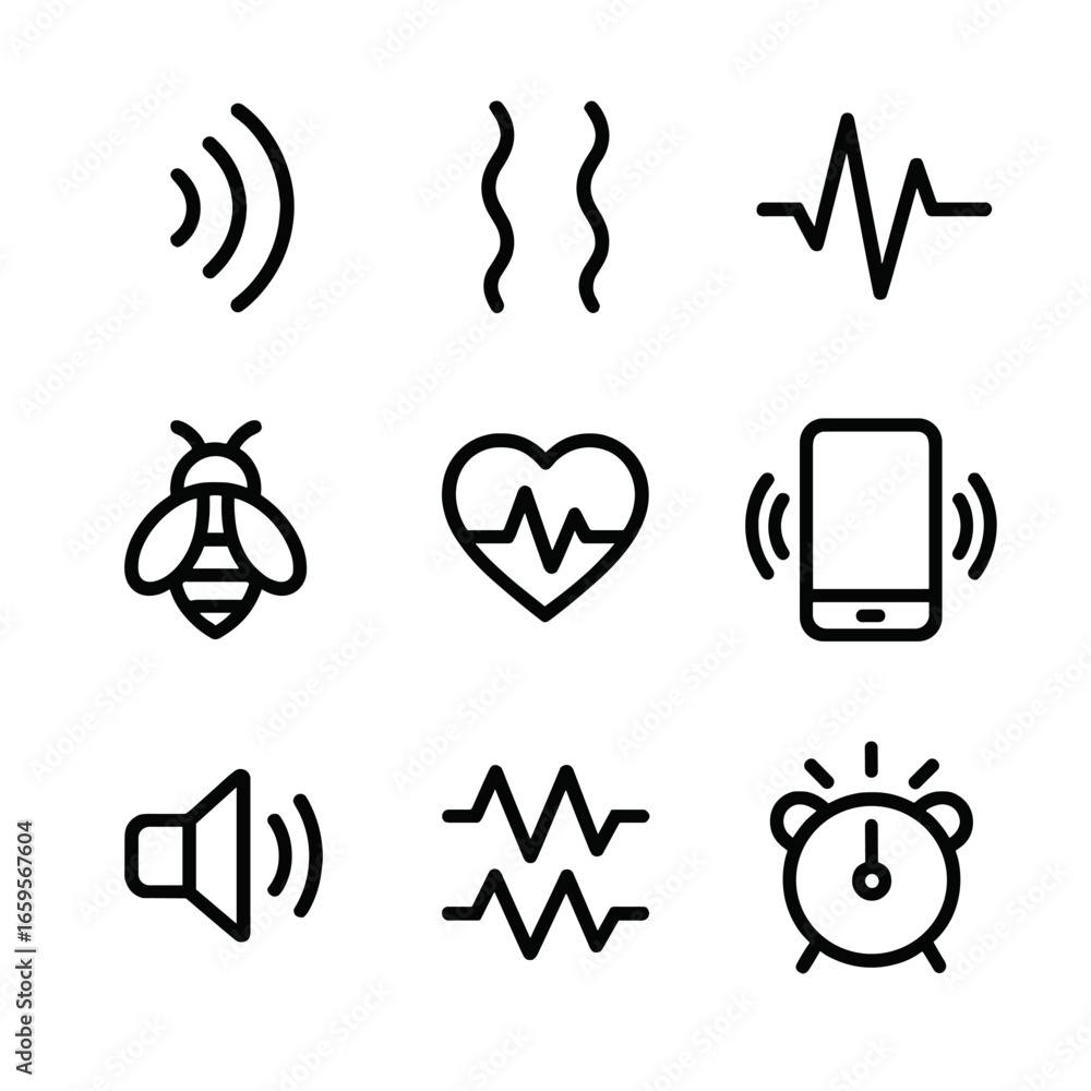 Poster vibration icon set. outline icon set of flutter sound and vibration: sound waves, vibration lines, a