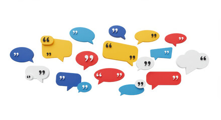 Collection of Colorful Speech Bubbles with Quotation Marks Scattered Across a White Background