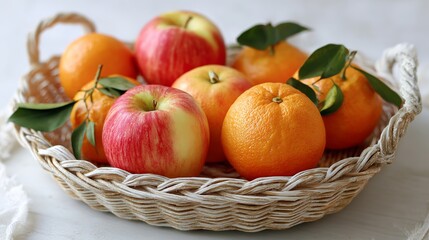 Fresh apples and oranges beautifully arranged in a rustic basket for a vibrant and healthy snack