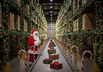 Santa Claus stands confidently with a clipboard in the middle of a vast, modern warehouse, reimagined as his high-tech Christmas workshop.
