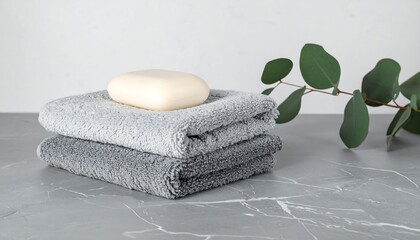Soft Grey Towels, Soap, and Eucalyptus on Marble Countertop