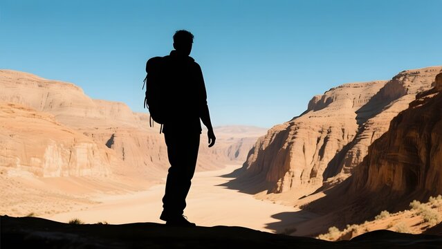 Silhouette of a hiker with a backpack standing on a ridge overlooking a vast desert canyon under a clear blue sky. - Powered by Adobe