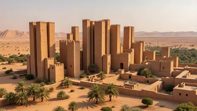 Stunning aerial view of Shibam Yemen's mud skyscrapers and walled city, showcasing ancient architecture and desert oasis in Hadhramaut Valley, 4k video footage