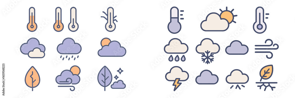 Poster weather symbols and icons showing various conditions in vector style