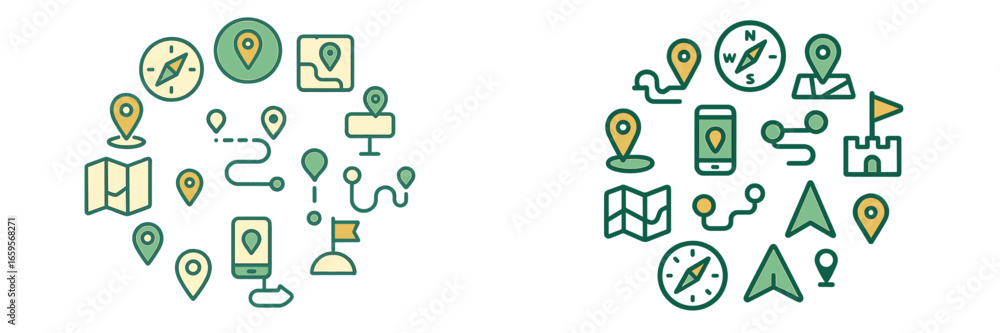 Aufkleber exploring navigation symbols and mapping elements in vector style