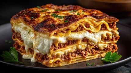 A hearty portion of lasagna, rich with cheese and meat, sits on a dark plate