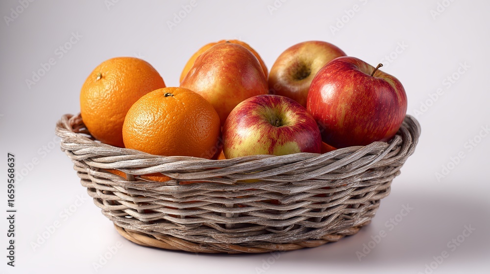 Poster delicious apples and oranges overflowing in a charming wicker basket ready for healthy snacking or a
