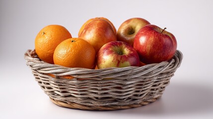 Delicious apples and oranges overflowing in a charming wicker basket ready for healthy snacking or a vibrant display