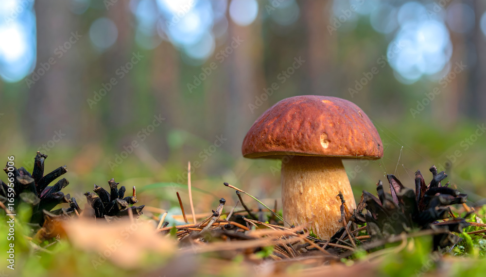 Poster brown capped mushroom in forest setting close up view