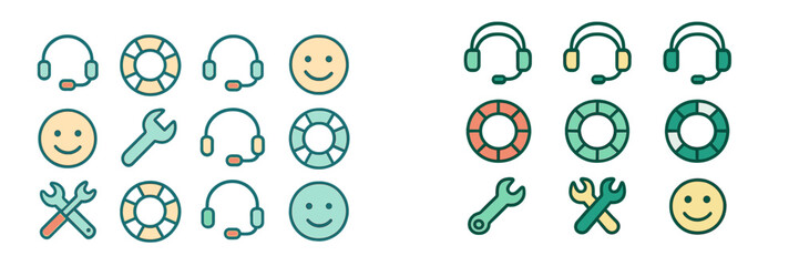 Set of vector icons representing customer support and tools