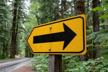 Yellow arrow sign on wooden post in forest