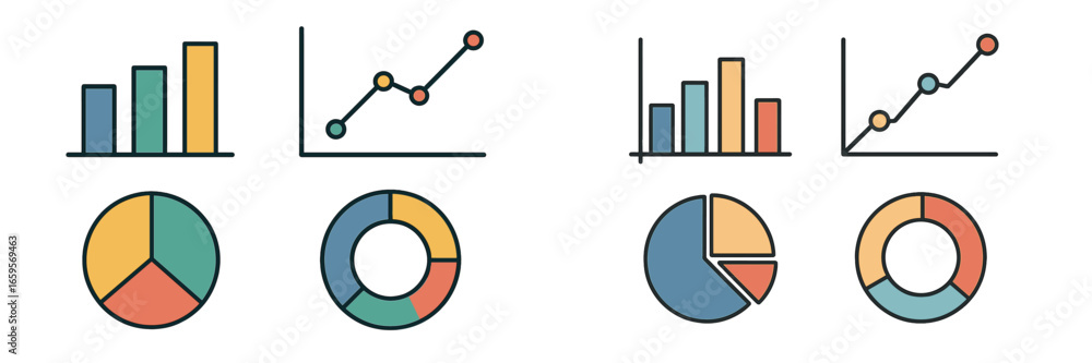 Poster colorful vector illustrations of various data visualization charts