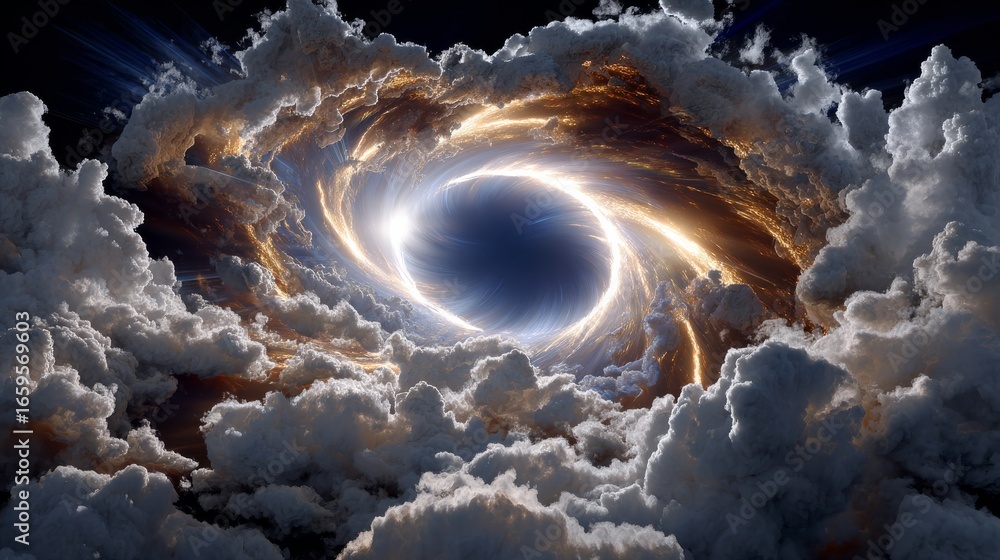 Poster mesmerizing wind portal surrounded by luminous clouds creating cosmic atmosphere