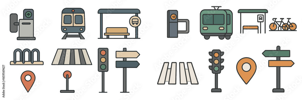 Poster transport icons collection for urban navigation and commuting